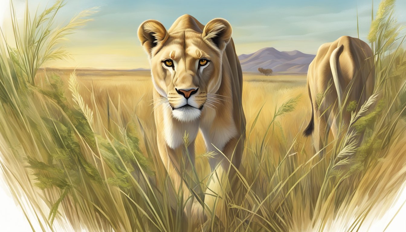 A lioness prowls through tall grass, her sharp eyes fixed on a herd of antelope. Nearby, a cluster of bitter herbs grows, used to support gallbladder health