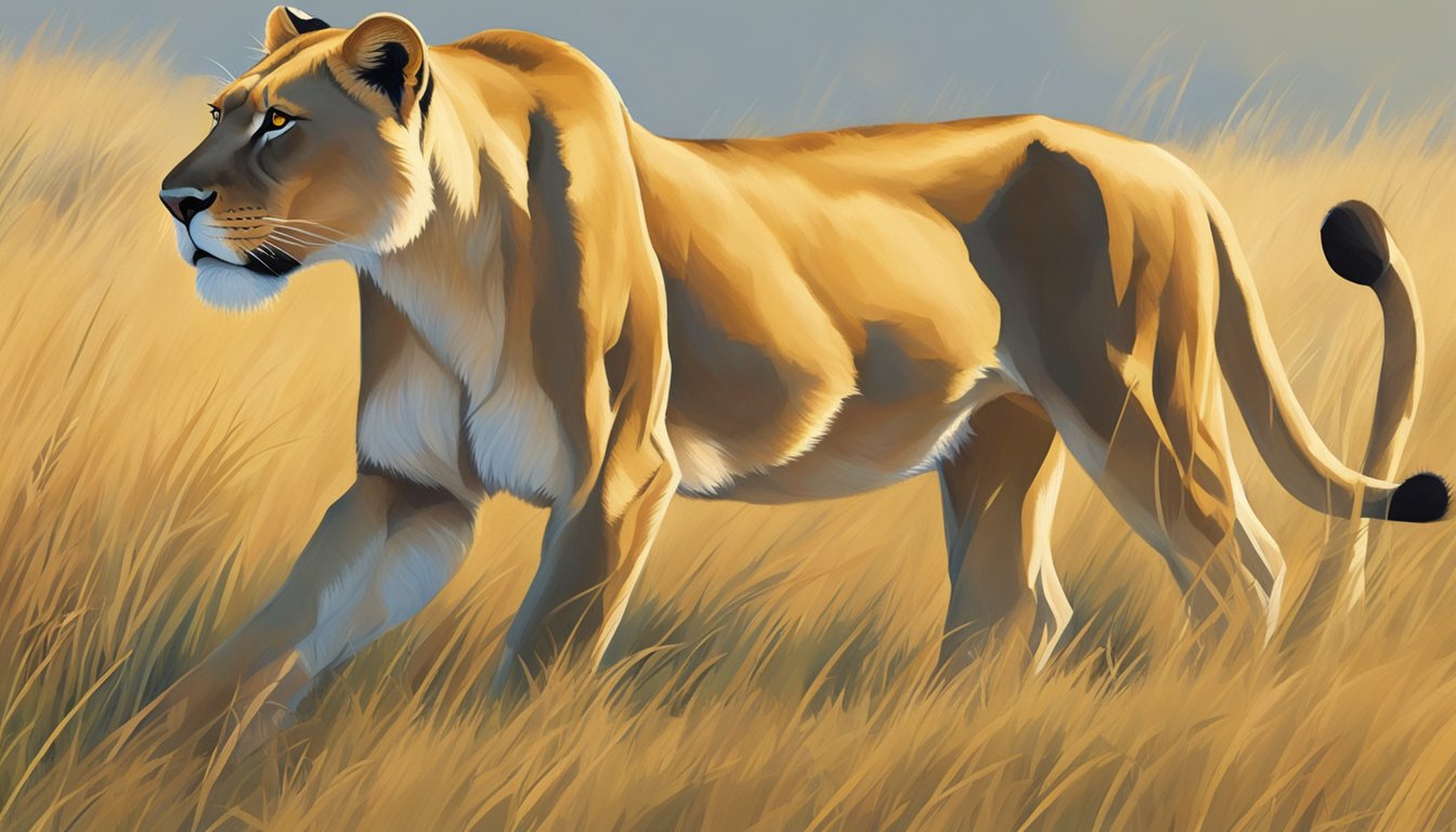 A lioness calmly prowls through a grassy savanna, her powerful muscles rippling beneath her sleek fur. The sun casts a warm glow on her golden coat as she moves with graceful precision