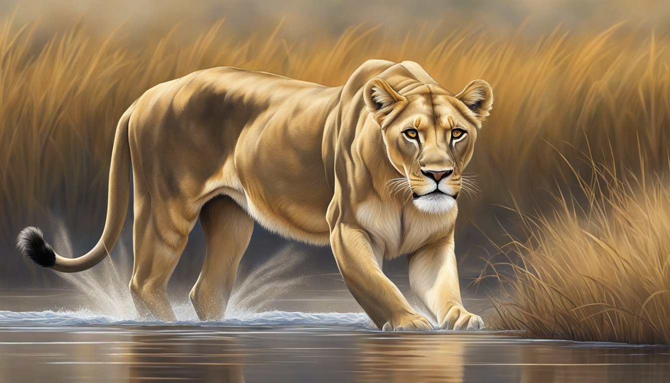 A lioness prowls through the savanna, her powerful muscles rippling beneath her sleek coat. She pauses to drink from a clear stream, her golden eyes scanning the horizon for potential prey