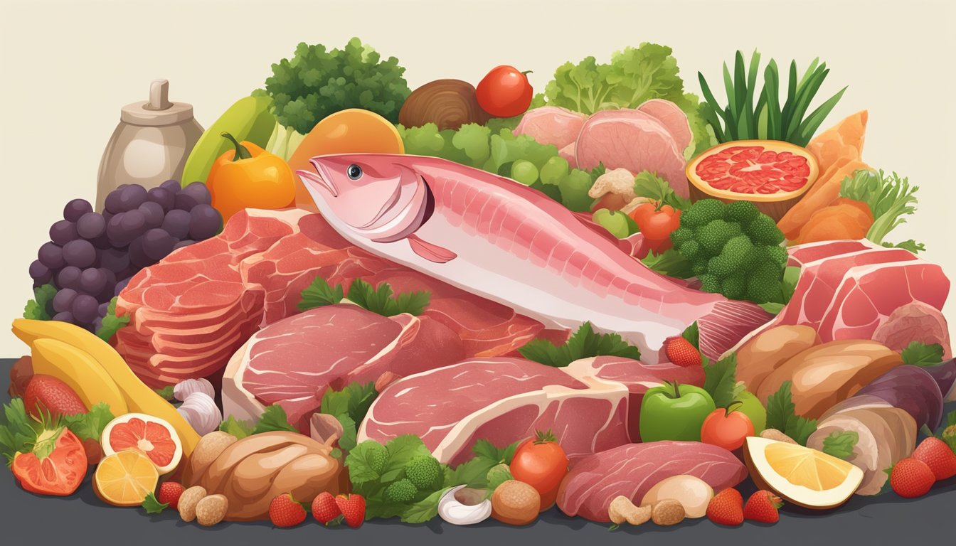 A carnivore surrounded by a variety of fresh meats, fish, and organs, with a balanced mix of fruits and vegetables, all arranged in a visually appealing and nutritionally balanced manner