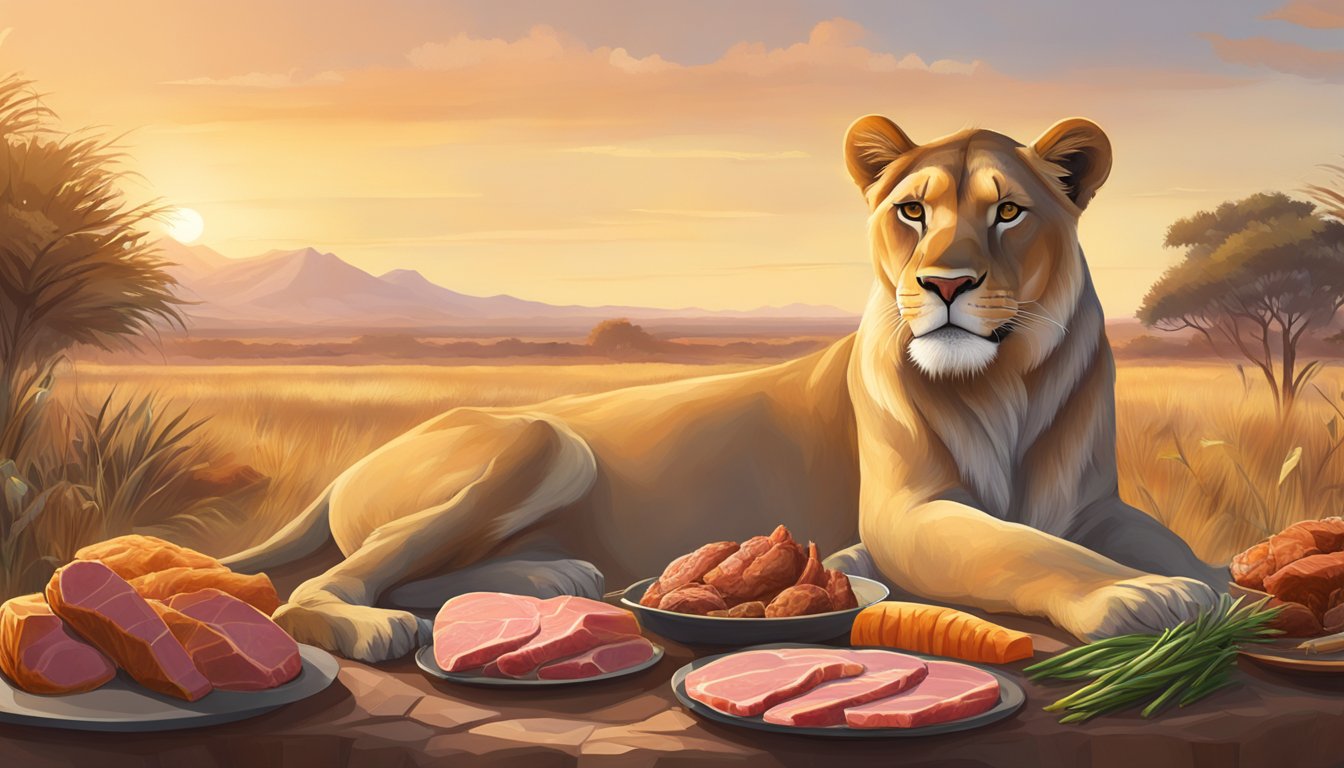 A lioness peacefully resting in the savannah, surrounded by a variety of fresh meat, symbolizing a tailored carnivore diet for heart rhythm regularity