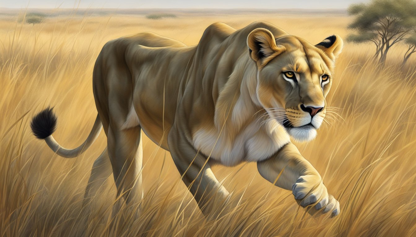 A lioness prowls through the grasslands, her powerful muscles rippling beneath her golden coat. The steady beating of her heart echoes through the stillness of the savannah