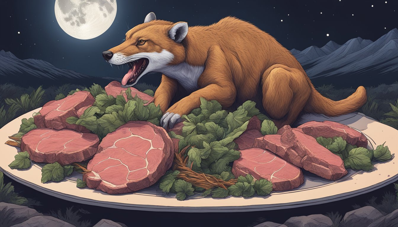 A wild carnivorous animal feasting on a pile of raw meat under a moonlit sky