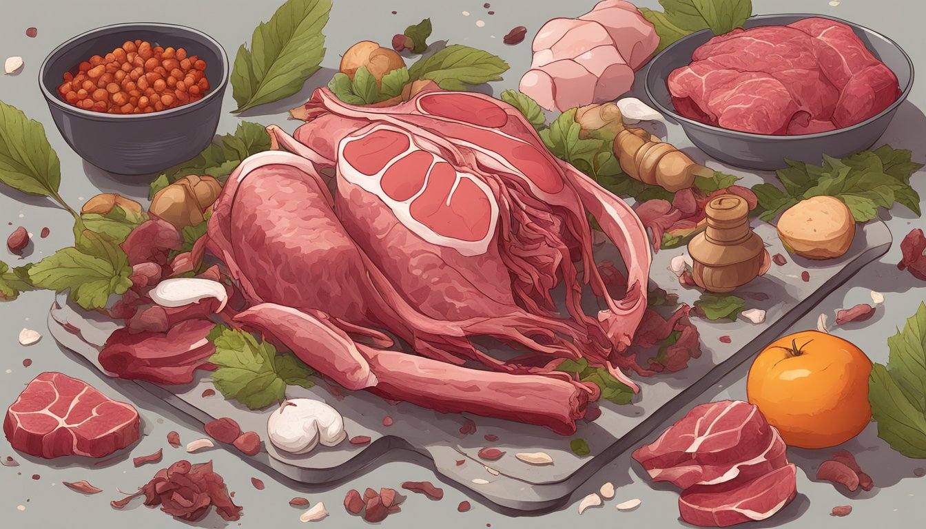 A carnivore's meal: raw meat, bones, and organs scattered on the ground with fresh blood and a few scattered leaves