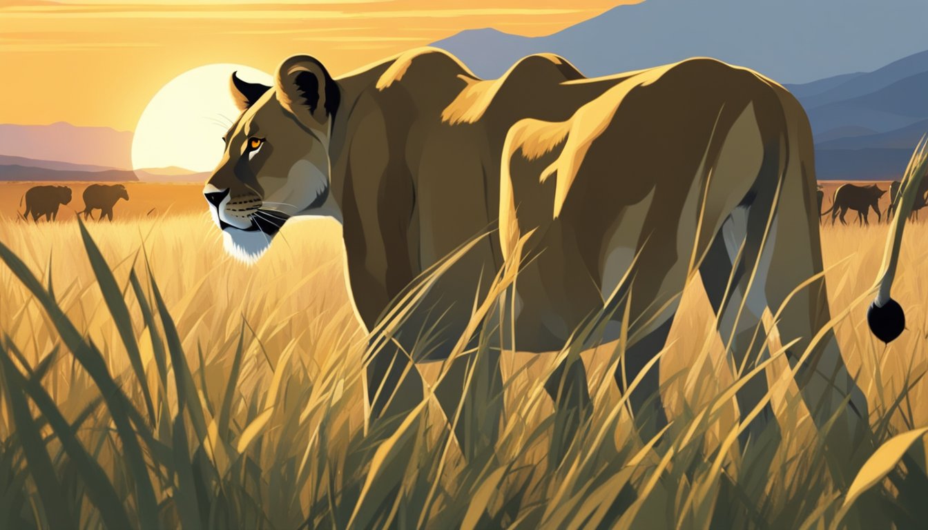 A lioness prowls through tall grass, her powerful frame silhouetted against the setting sun. Nearby, a herd of wildebeest grazes, unaware of the predator's presence