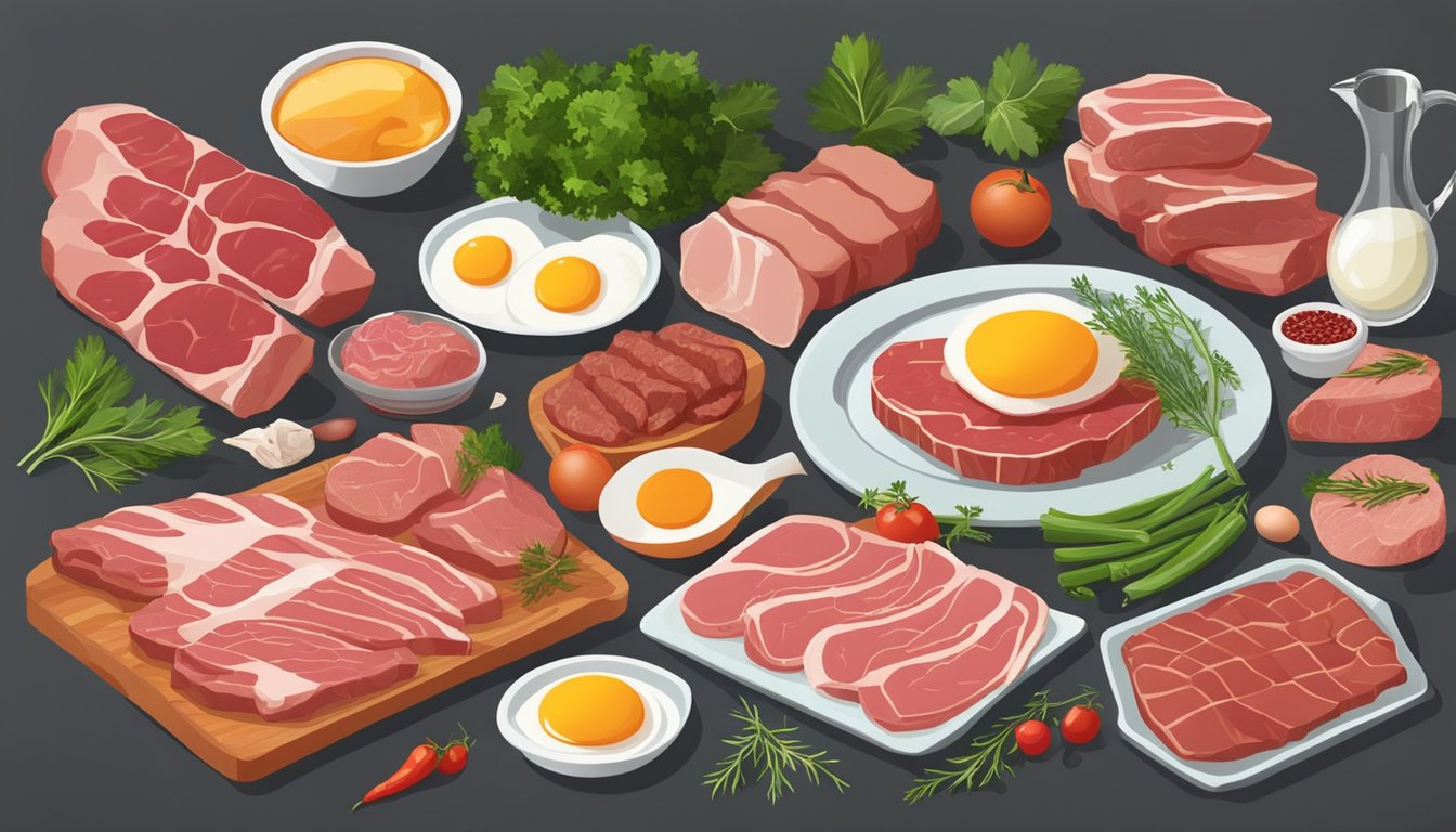 A table set with various cuts of meat, eggs, and organ meats, surrounded by fresh vegetables and herbs