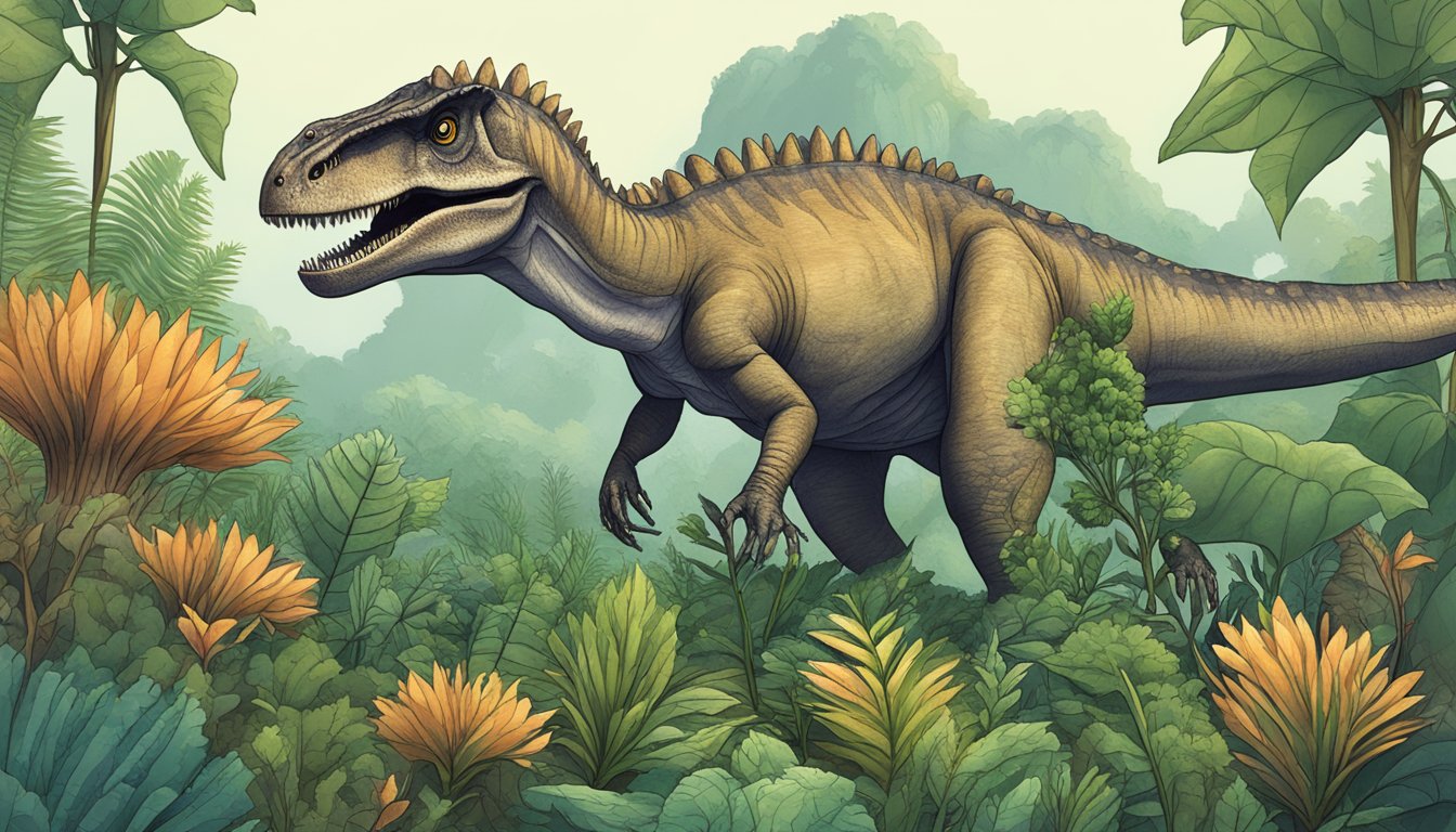 A carnivorous dinosaur surrounded by plants with a "histoplex ab" warning sign nearby