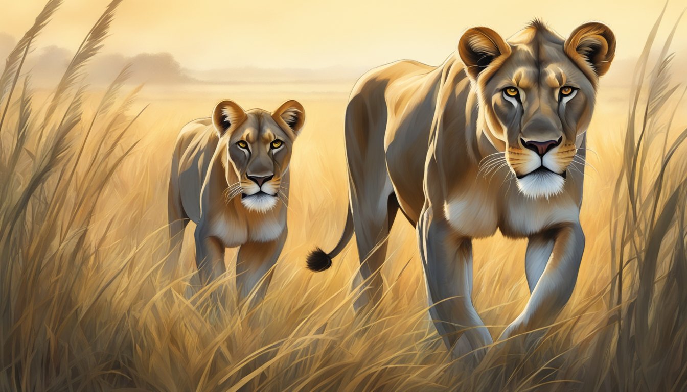 A lioness prowls through tall grass, her eyes fixed on a herd of wildebeest. The scent of prey triggers a surge of hormones, preparing her for the hunt