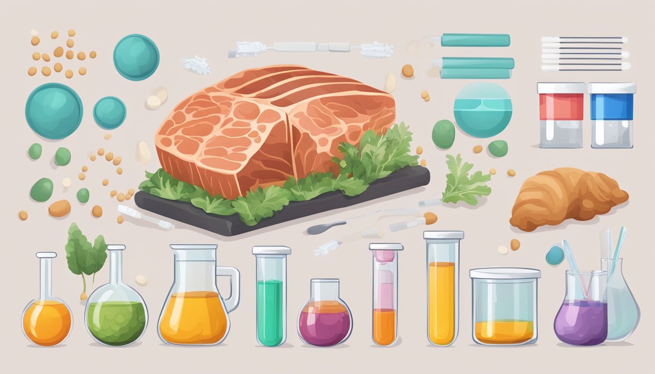 A carnivore diet with a focus on digestive health and gut microbiome. Illustrate hormone levels in a scientific setting, with test tubes and laboratory equipment