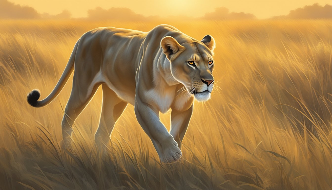 A lioness prowls through a grassy savanna, her sleek muscles rippling as she hunts for prey. The golden sunlight highlights her powerful form, embodying the natural integration of a carnivore diet and hormone regulation