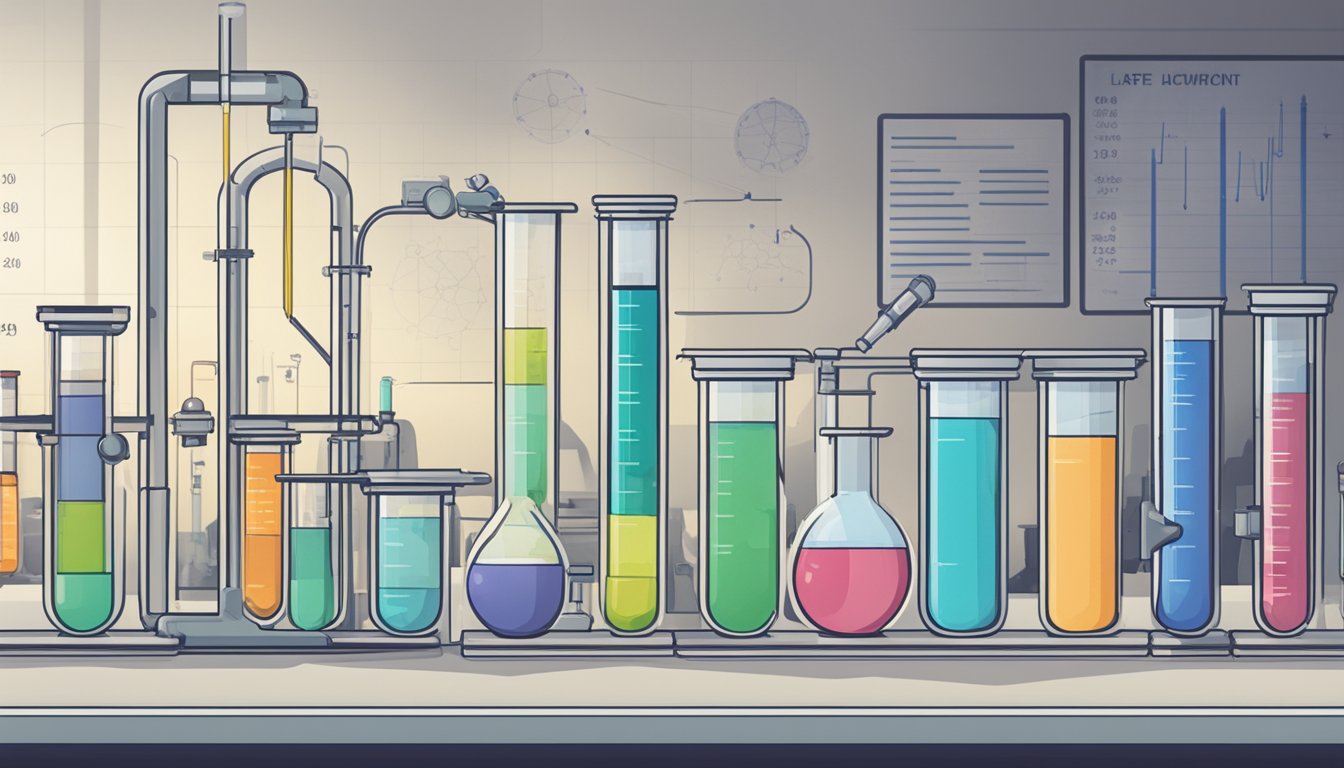 A laboratory setting with test tubes, beakers, and scientific equipment. A chart displaying hormone levels over time