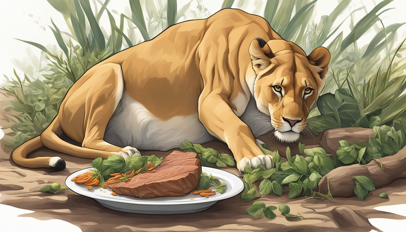 A lioness feasting on a fresh kill, her sleek muscles rippling as she devours the nutrient-rich meat, embodying the concept of a carnivore diet and hormonal balance