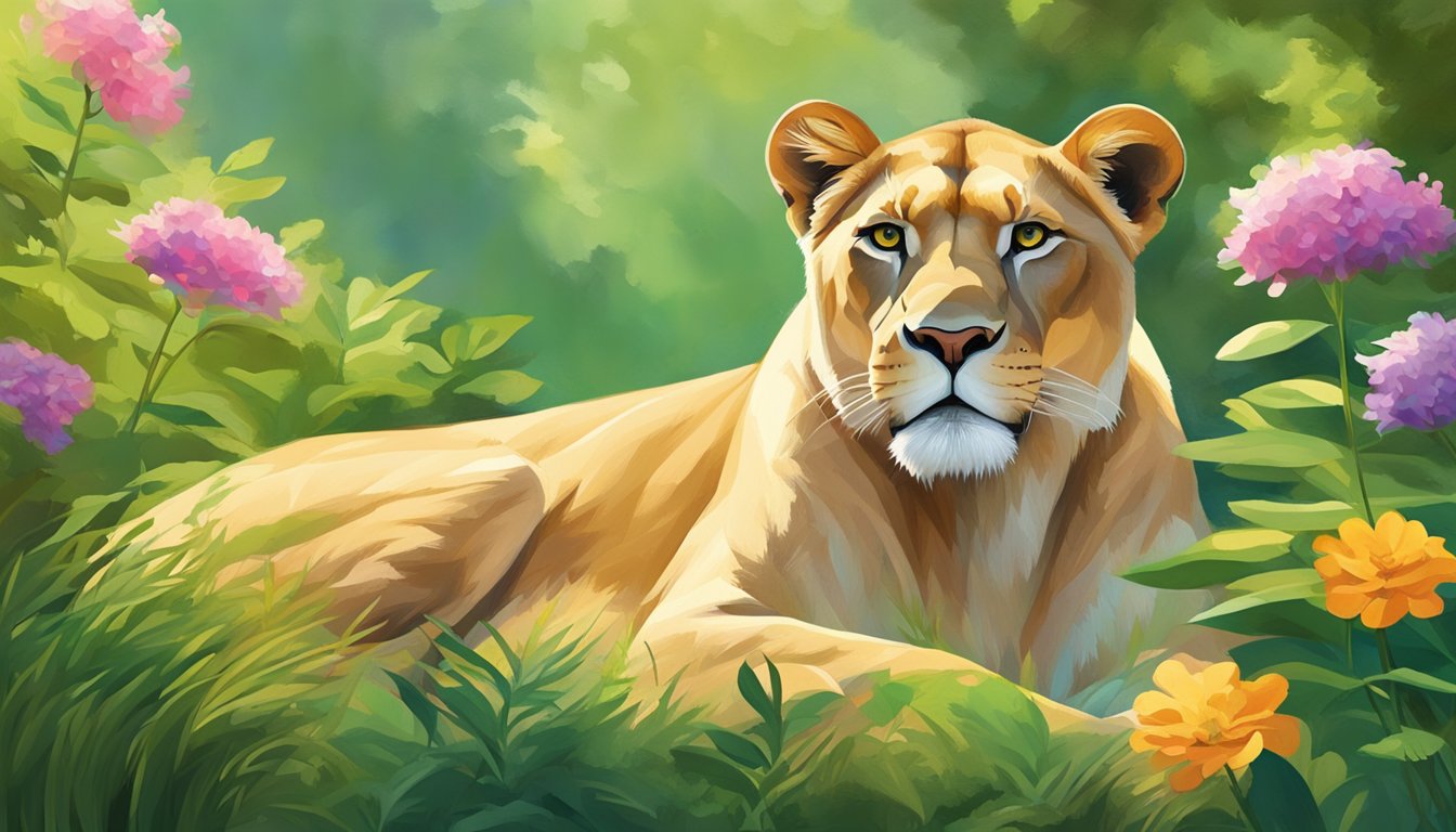 A serene lioness lounges in a lush, sun-dappled clearing, her sleek form exuding strength and calm. Surrounding her, vibrant green foliage and colorful flowers create a harmonious and tranquil atmosphere