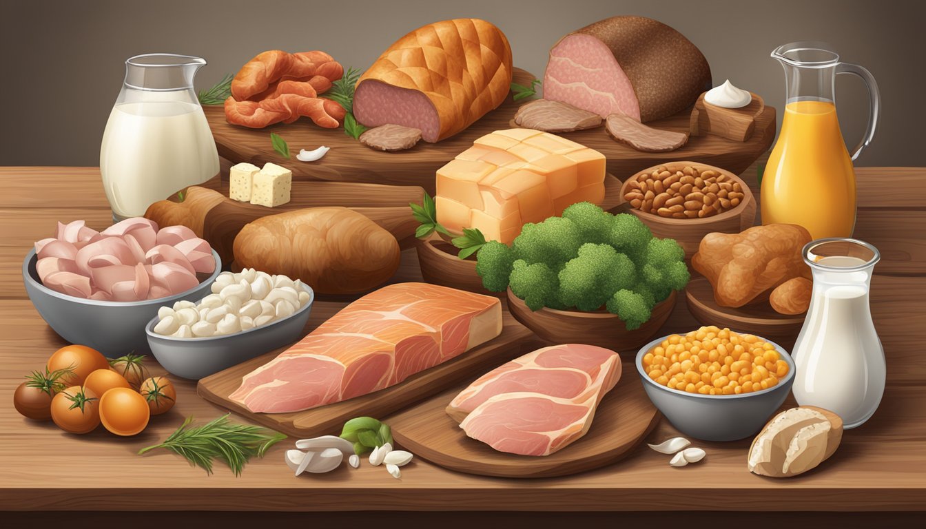 A variety of animal-based foods arranged on a wooden table, including meats, fish, eggs, and dairy products