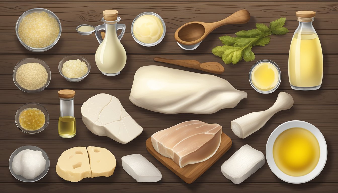 A variety of animal-based fats and oils displayed on a wooden table, including lard, tallow, duck fat, and bone marrow