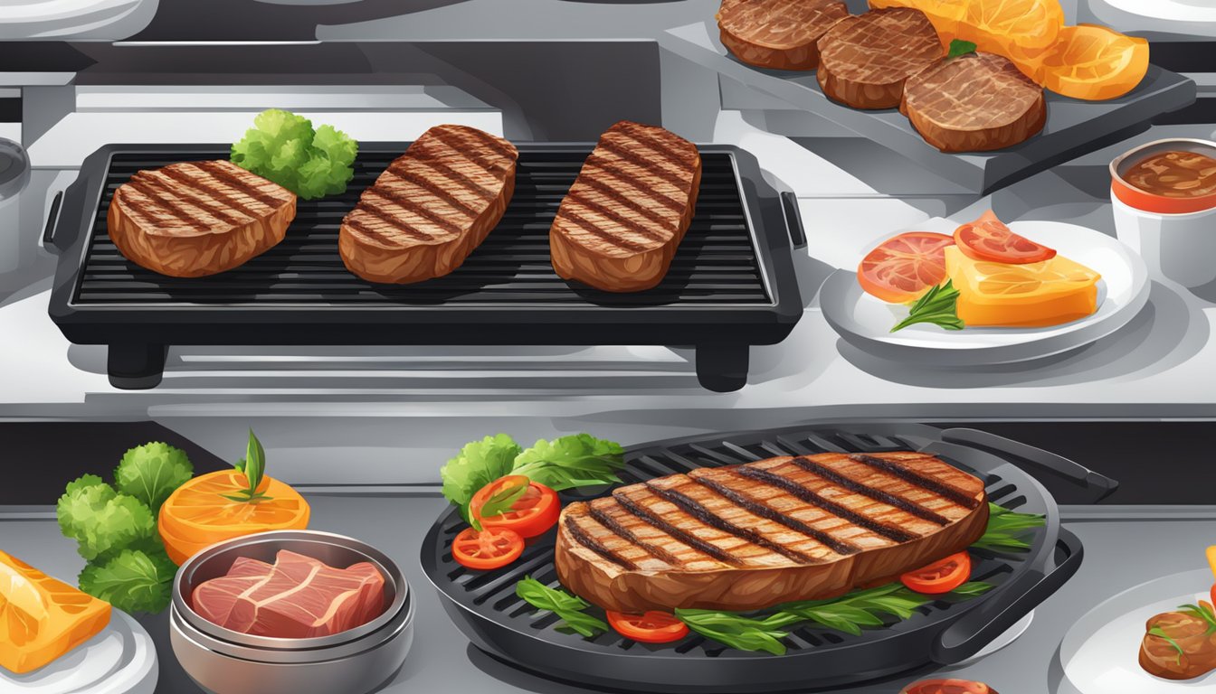 A sizzling grill with perfectly seared and juicy cuts of meat, emitting a mouthwatering aroma