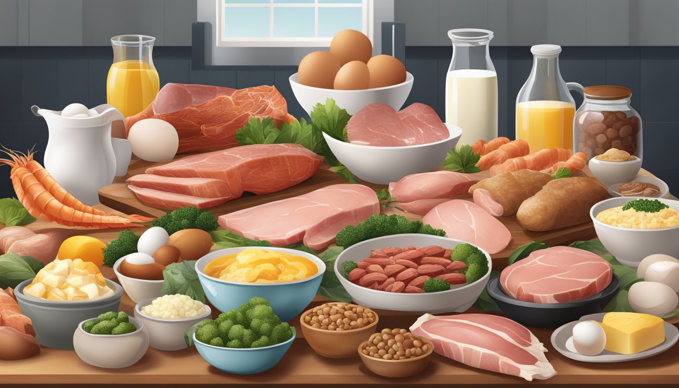 A diverse array of animal-based foods spread out on a kitchen counter, including various cuts of meat, seafood, and poultry, as well as eggs and dairy products