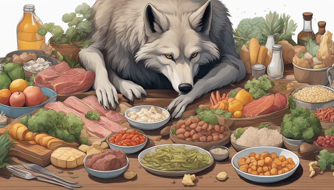 A wolf-like creature sniffs at a variety of animal-based foods laid out on a table, including raw meat, bones, and organs