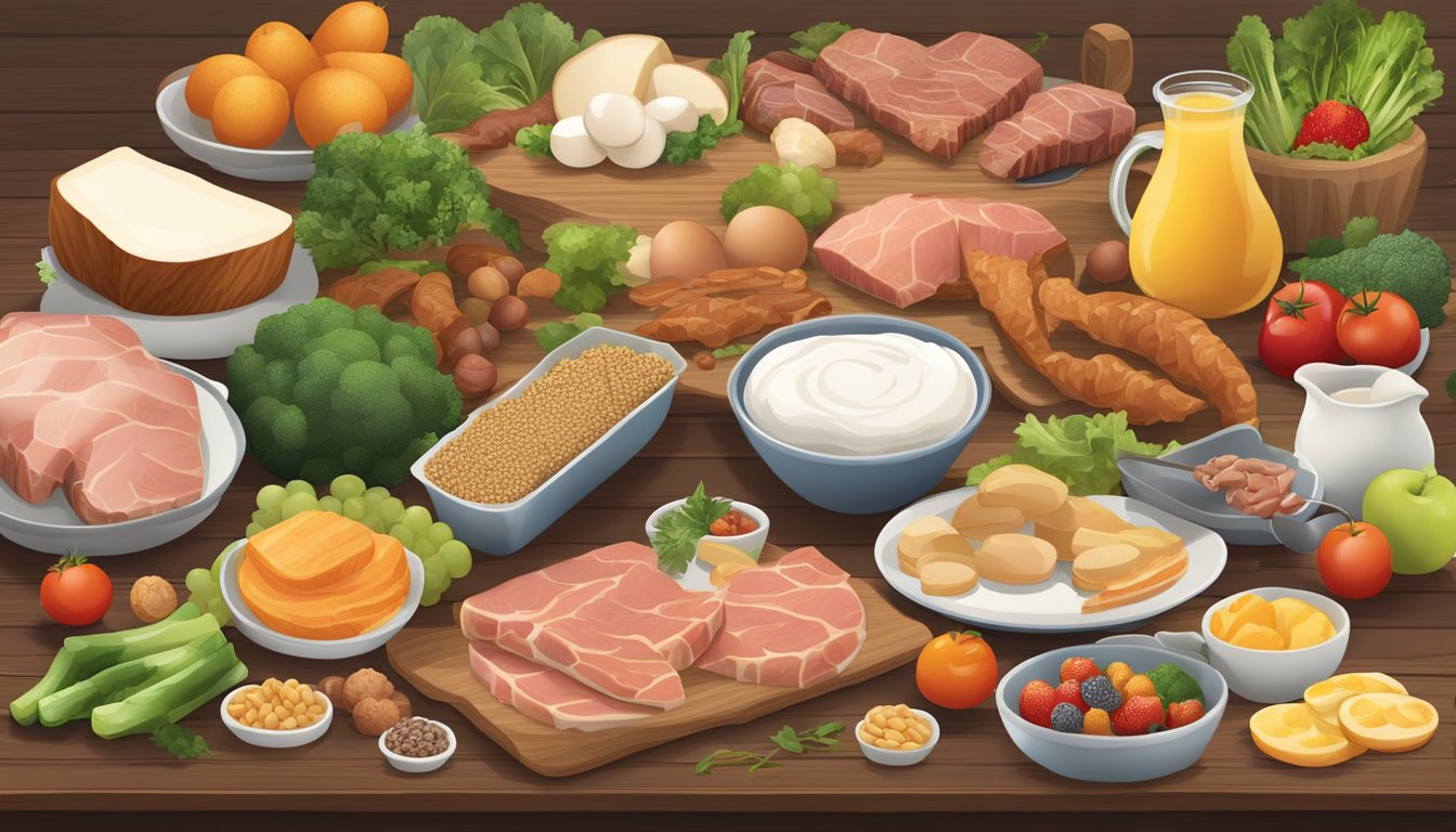 A variety of animal-based foods laid out on a wooden table, including meats, fish, eggs, and dairy products. Fruits and vegetables are also present to show a balanced diet