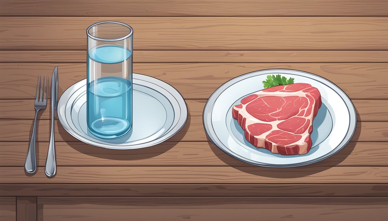 A glass of water next to a plate of raw meat and bones on a wooden table