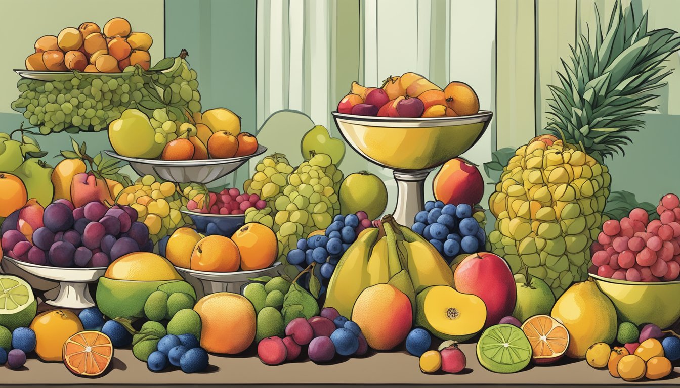 A table with a variety of fruits piled high, while a liver is shown becoming increasingly fatty in a series of images