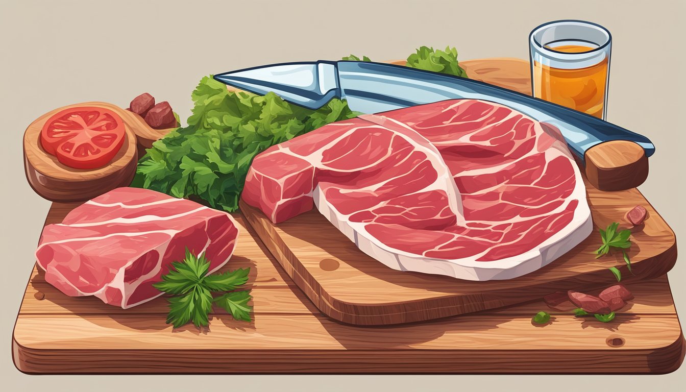 A large glass of water surrounded by fresh cuts of raw meat on a wooden cutting board