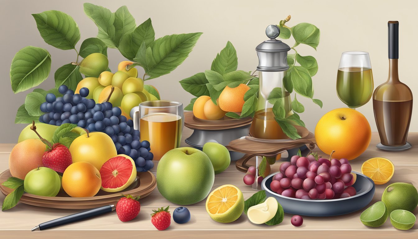 A table with various fruits, a liver, and a magnifying glass