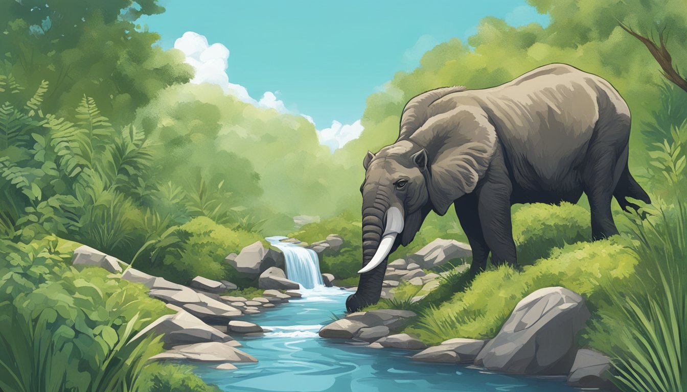 A carnivore animal drinking from a stream, surrounded by lush vegetation and clear blue skies