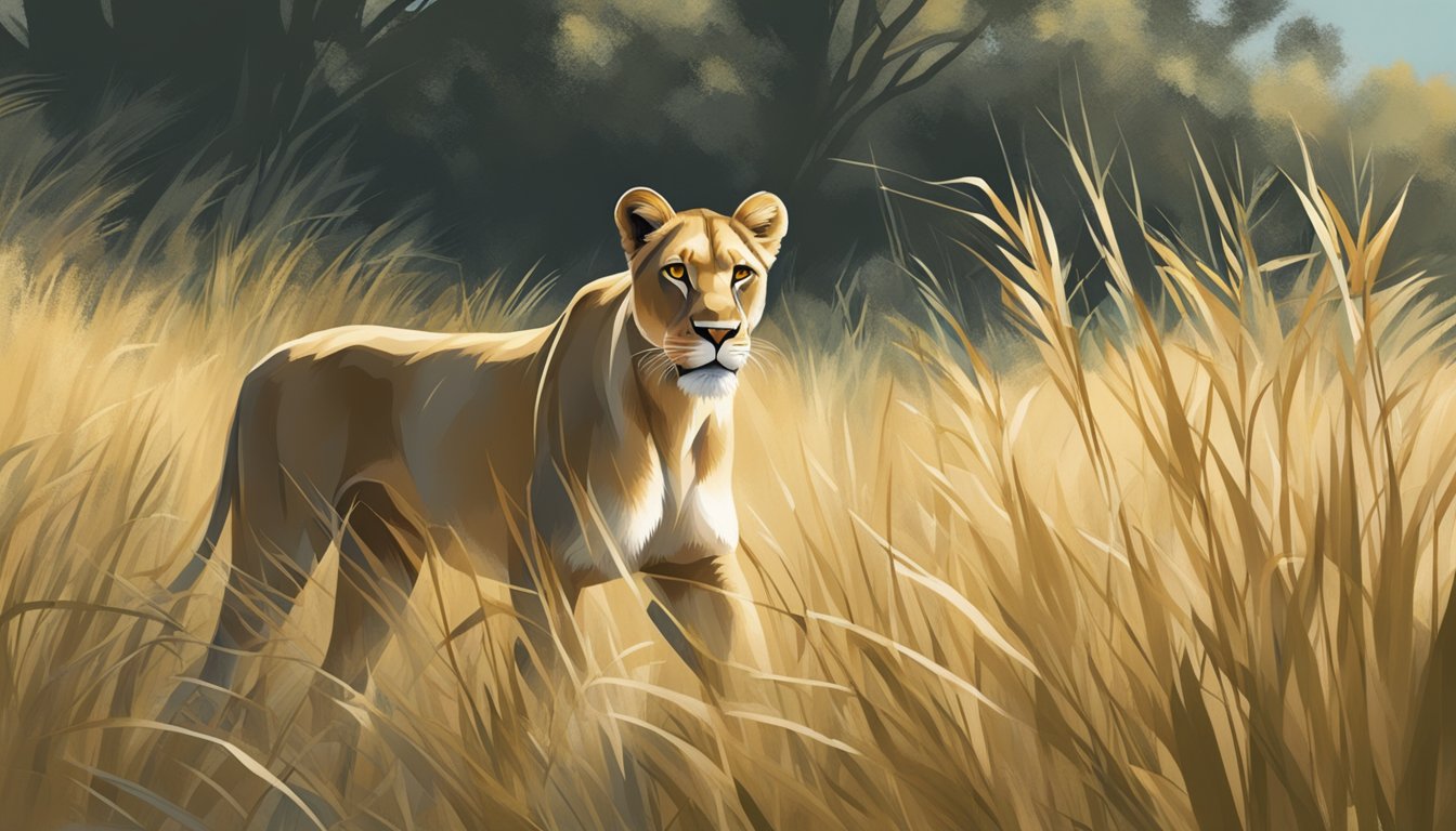 A lioness prowls through tall grass, her sleek, hyperpigmented coat blending seamlessly with the shadows