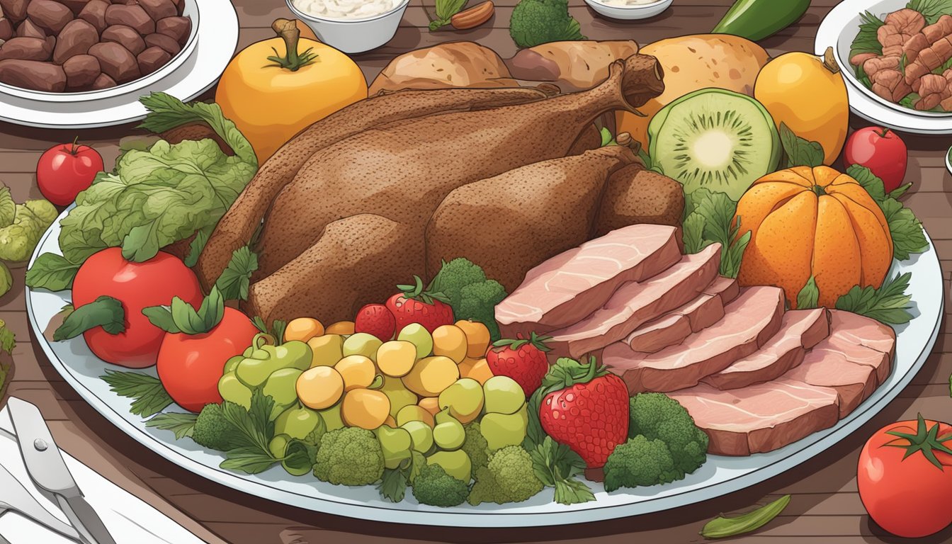 A plate filled with various meats and animal products, surrounded by fruits and vegetables, with uneven patches of color