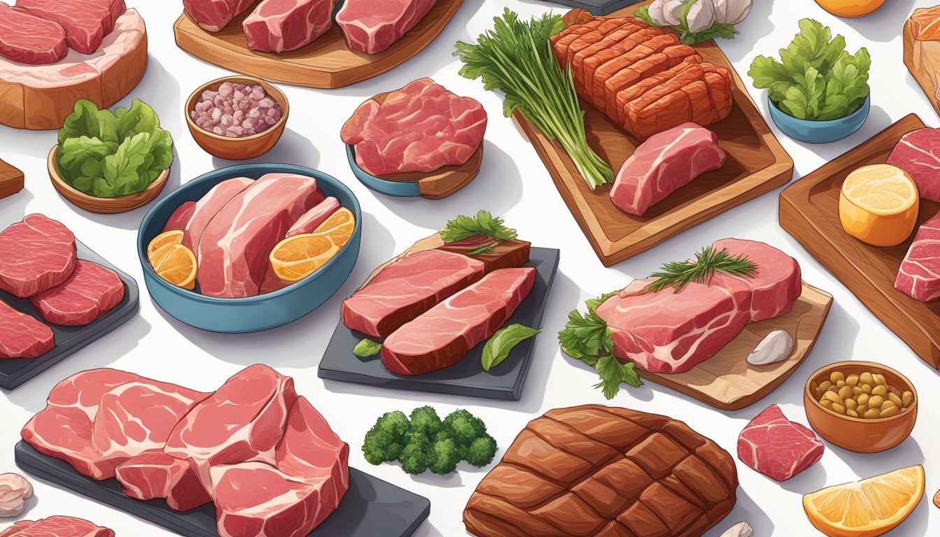 A vibrant, colorful array of fresh meat and animal products displayed on a clean, white surface, with a spotlight highlighting the rich, natural hues