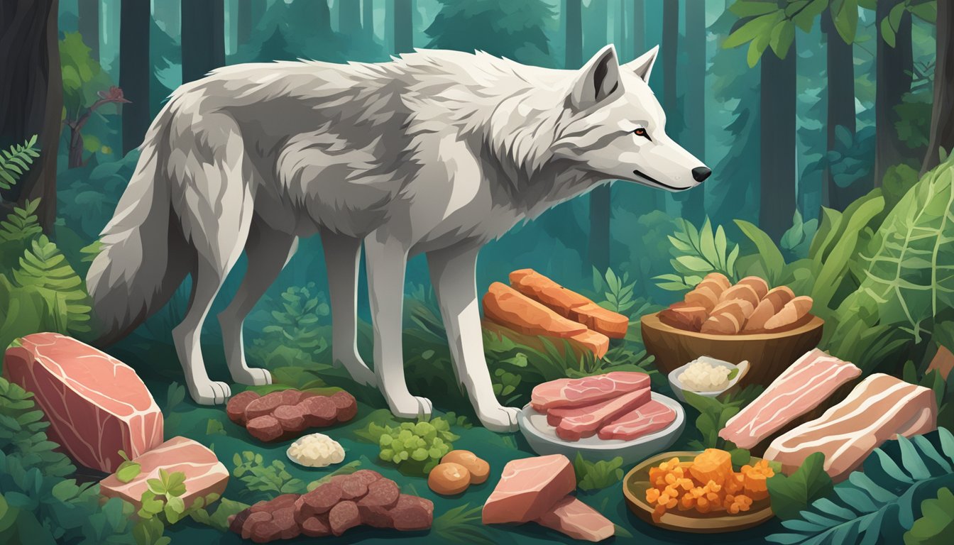 A wolf standing in a lush forest, surrounded by a variety of fresh meats and bones, with a vibrant and healthy gut microbiome depicted inside its body