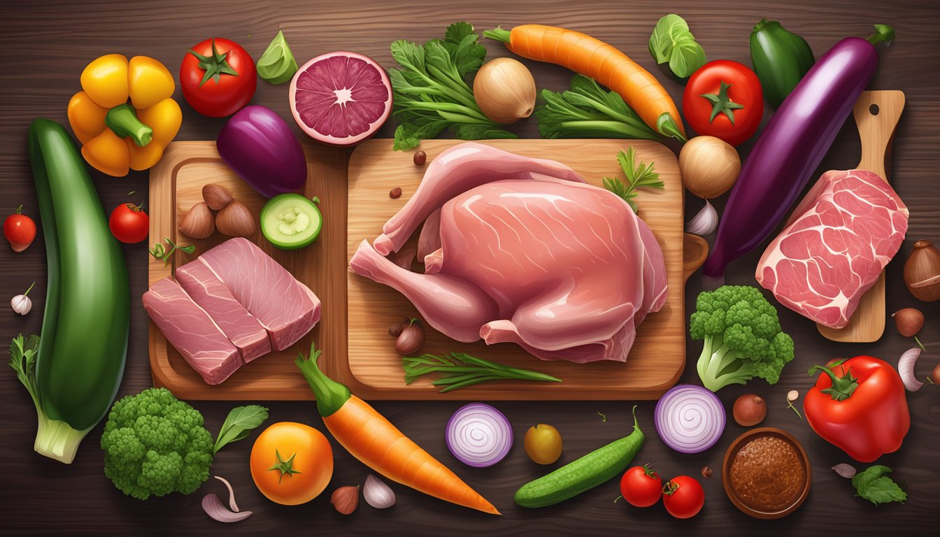 A variety of fresh, vibrant meats and organ meats arranged on a wooden cutting board, surrounded by colorful vegetables and fruits