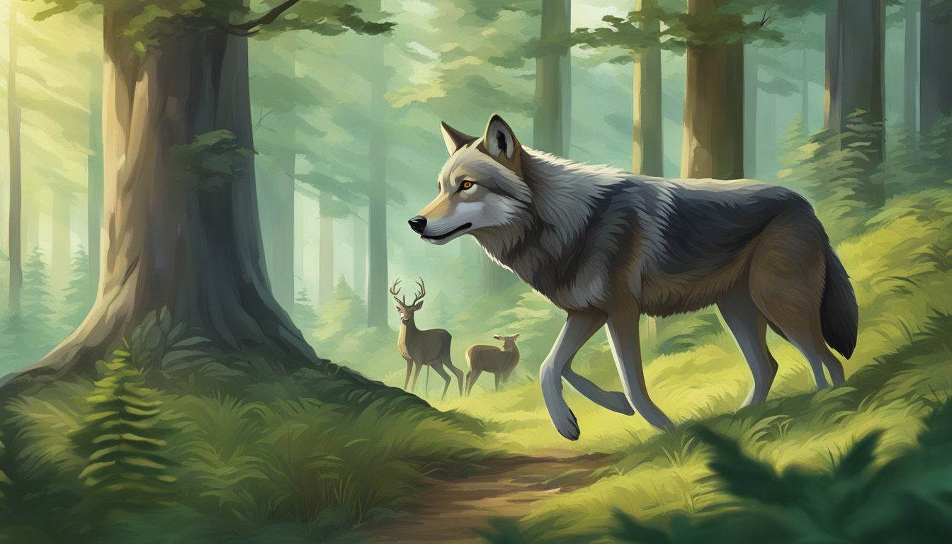 A wolf prowls through a dense forest, its keen eyes fixed on a herd of deer. The lush greenery and vibrant wildlife depict a thriving ecosystem