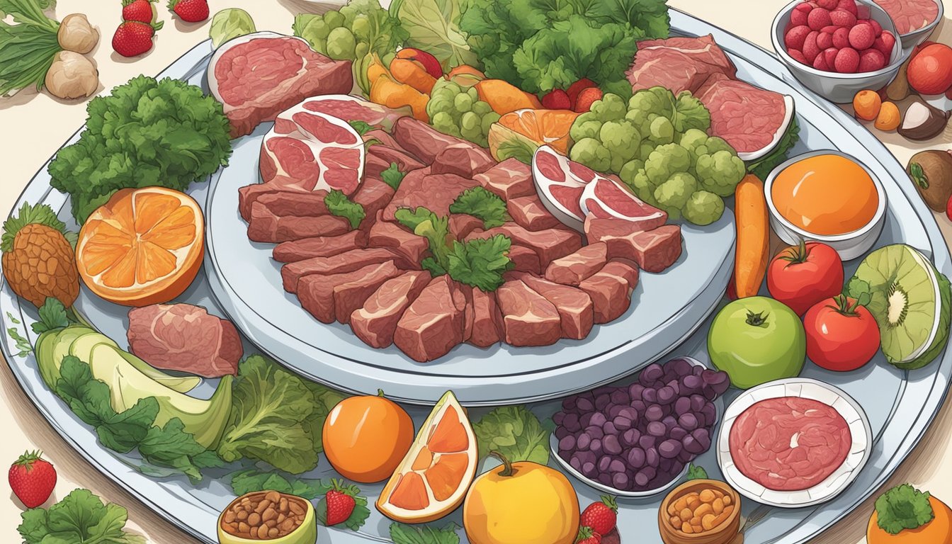 A plate with various meats and offal, surrounded by colorful fruits and vegetables, with emphasis on the contrasting colors of the food items