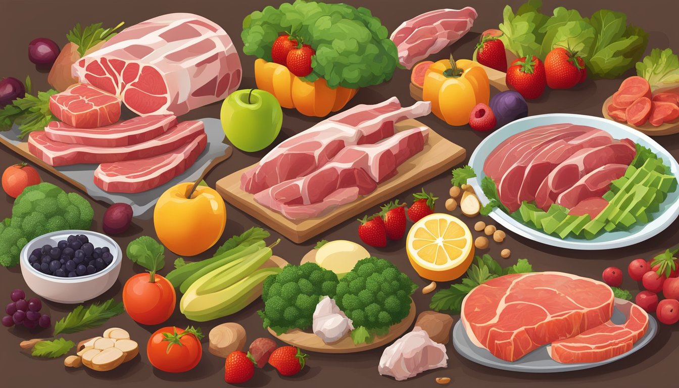 A table set with a variety of fresh, raw meats and organs, surrounded by vibrant fruits and vegetables, with a clear emphasis on natural, unprocessed foods