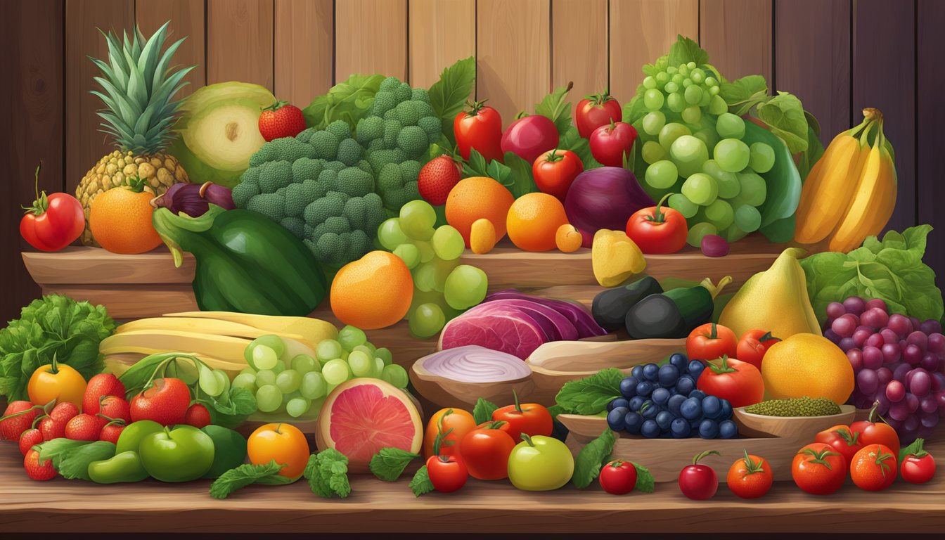 A diverse array of fresh fruits, vegetables, and lean meats arranged on a wooden table, with vibrant colors and textures