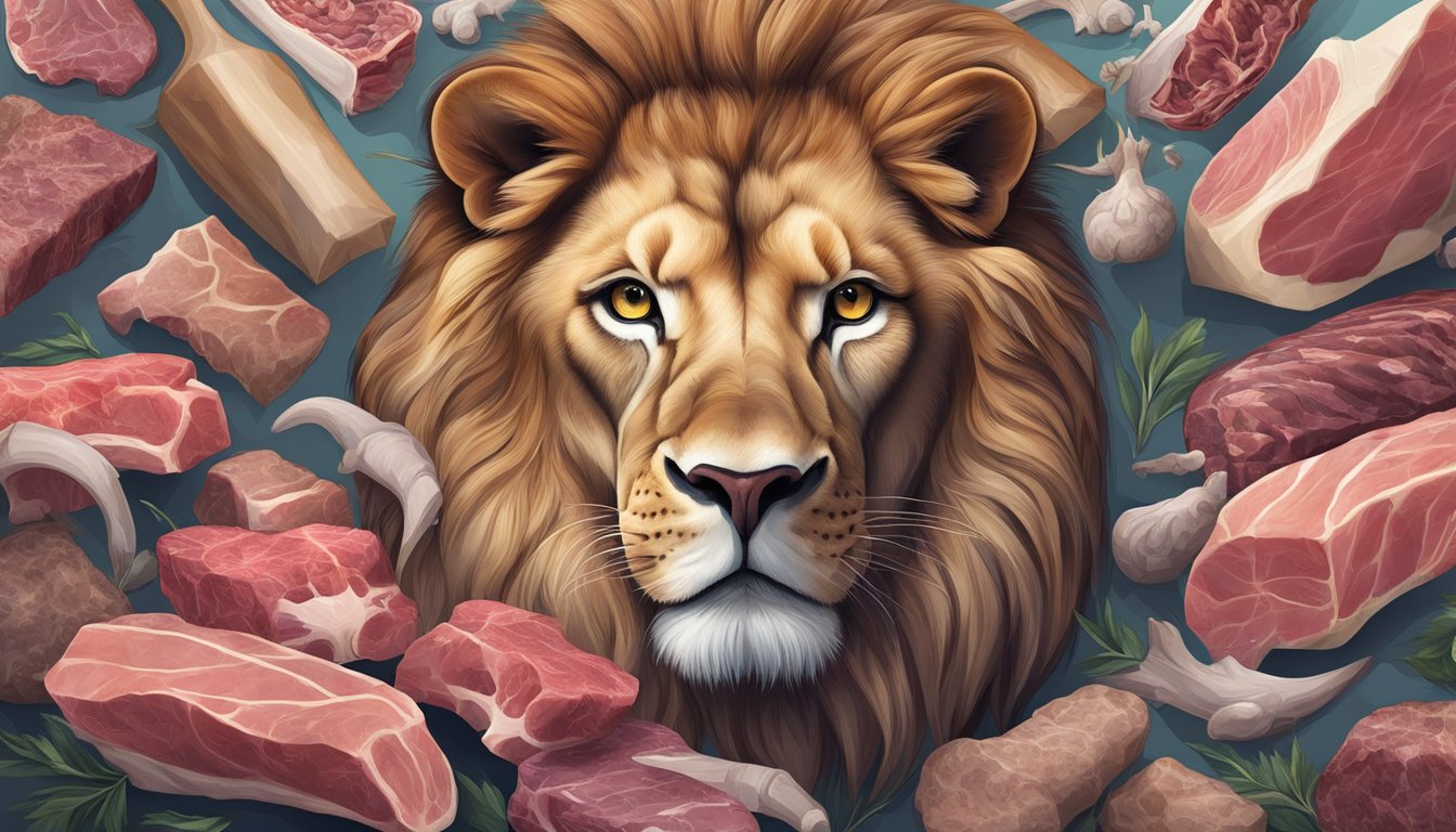 A lion with a focused gaze, surrounded by fresh meat and bones