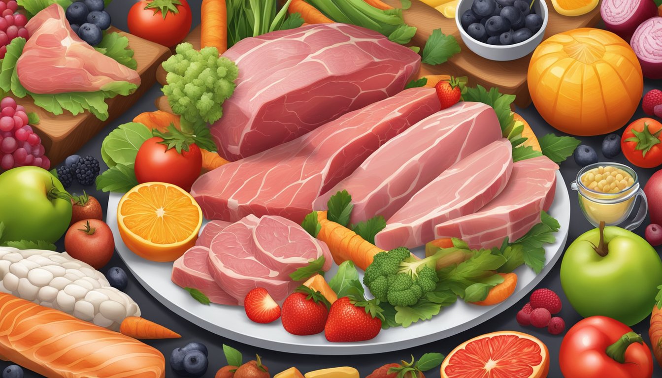 A variety of fresh, colorful meats and animal products arranged on a plate, surrounded by vibrant fruits and vegetables