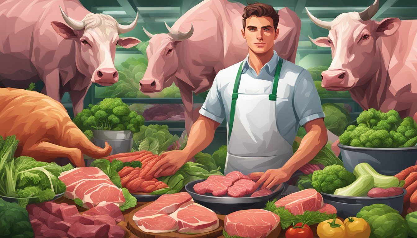 A focused carnivore surrounded by fresh meat and vibrant green vegetables