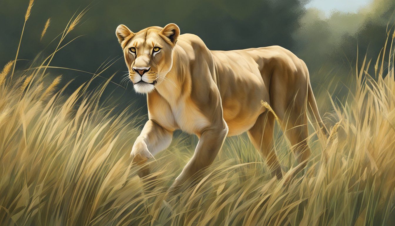 A lioness confidently prowls through tall grass, her powerful muscles rippling as she hunts for her next meal