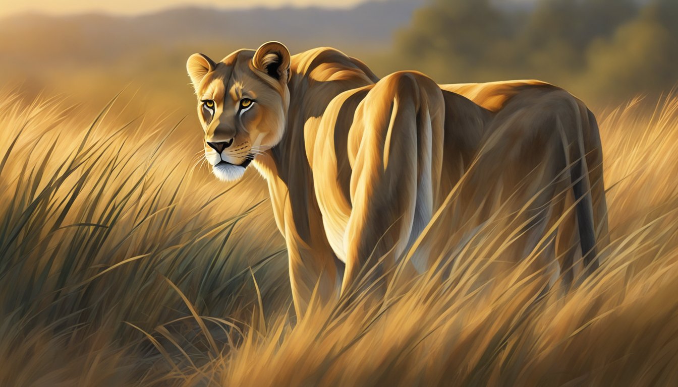 A lioness prowls through tall grass, her sleek muscles rippling as she hunts for prey. The setting sun casts a warm glow on her golden fur, highlighting her powerful physique