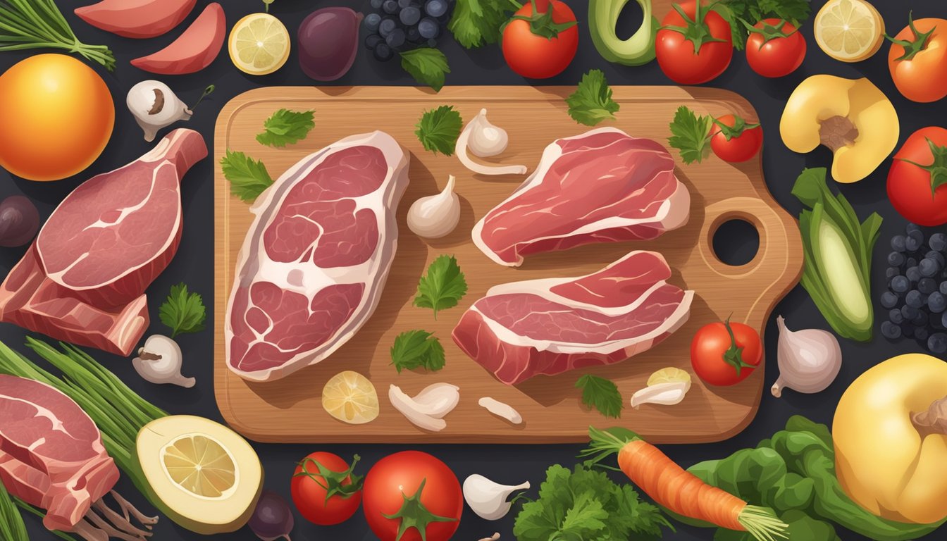 A variety of raw meats, bones, and organs arranged on a wooden cutting board, surrounded by fresh vegetables and fruits