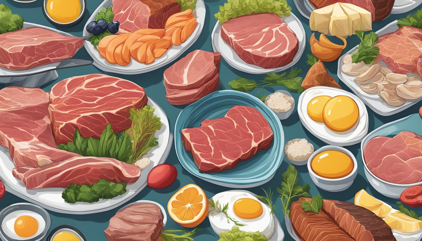 A carnivore diet with a balanced pH effect: A collection of fresh, raw meat, fish, and eggs arranged in a visually appealing manner with vibrant colors and textures