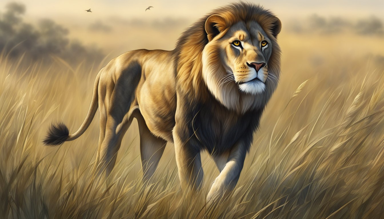 A lion prowls through a grassy savanna, its eyes fixed on a distant target. The predator moves with purpose, demonstrating heightened focus and concentration on its hunt