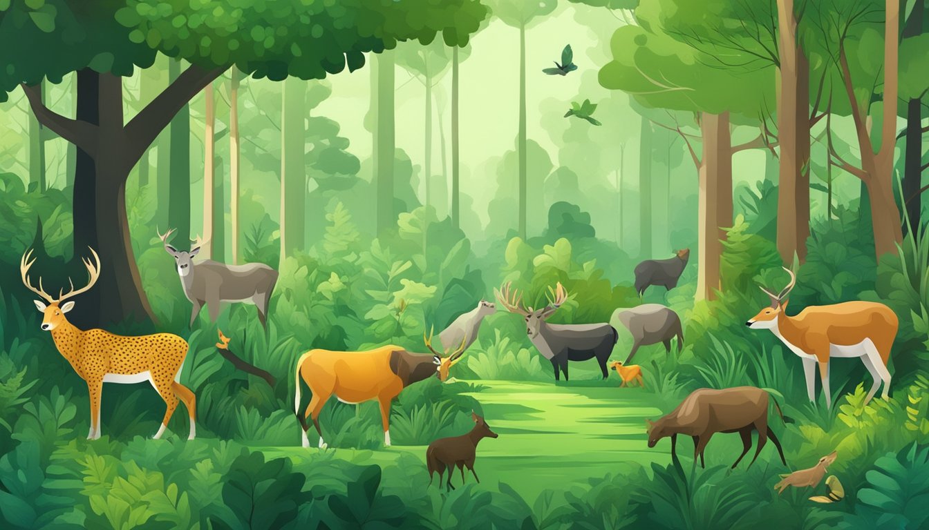 A lush green forest with a variety of wild animals grazing and hunting, representing the concept of intuitive eating and the carnivore diet