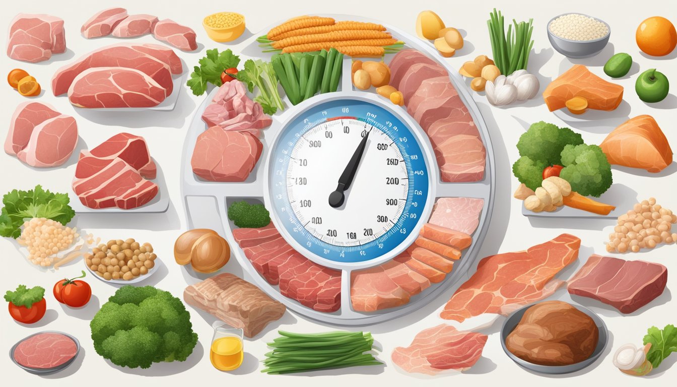 A variety of fresh meats and animal products arranged around a pH scale, with acidic and alkaline foods separated on either side