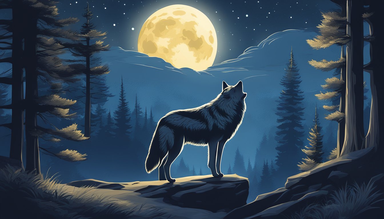 A serene night scene with a full moon casting a soft glow over a peaceful forest, with a lone wolf resting peacefully under a starry sky