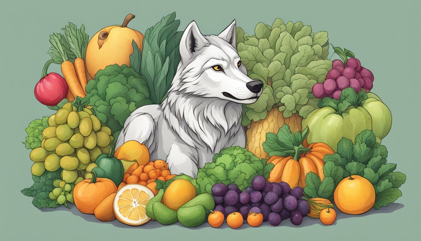 A wolf surrounded by fruits and vegetables, hesitating before taking a bite