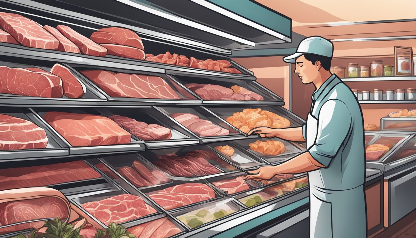 A butcher carefully selects prime cuts of meat from a display case, showcasing the high quality and variety of options available for a carnivore diet